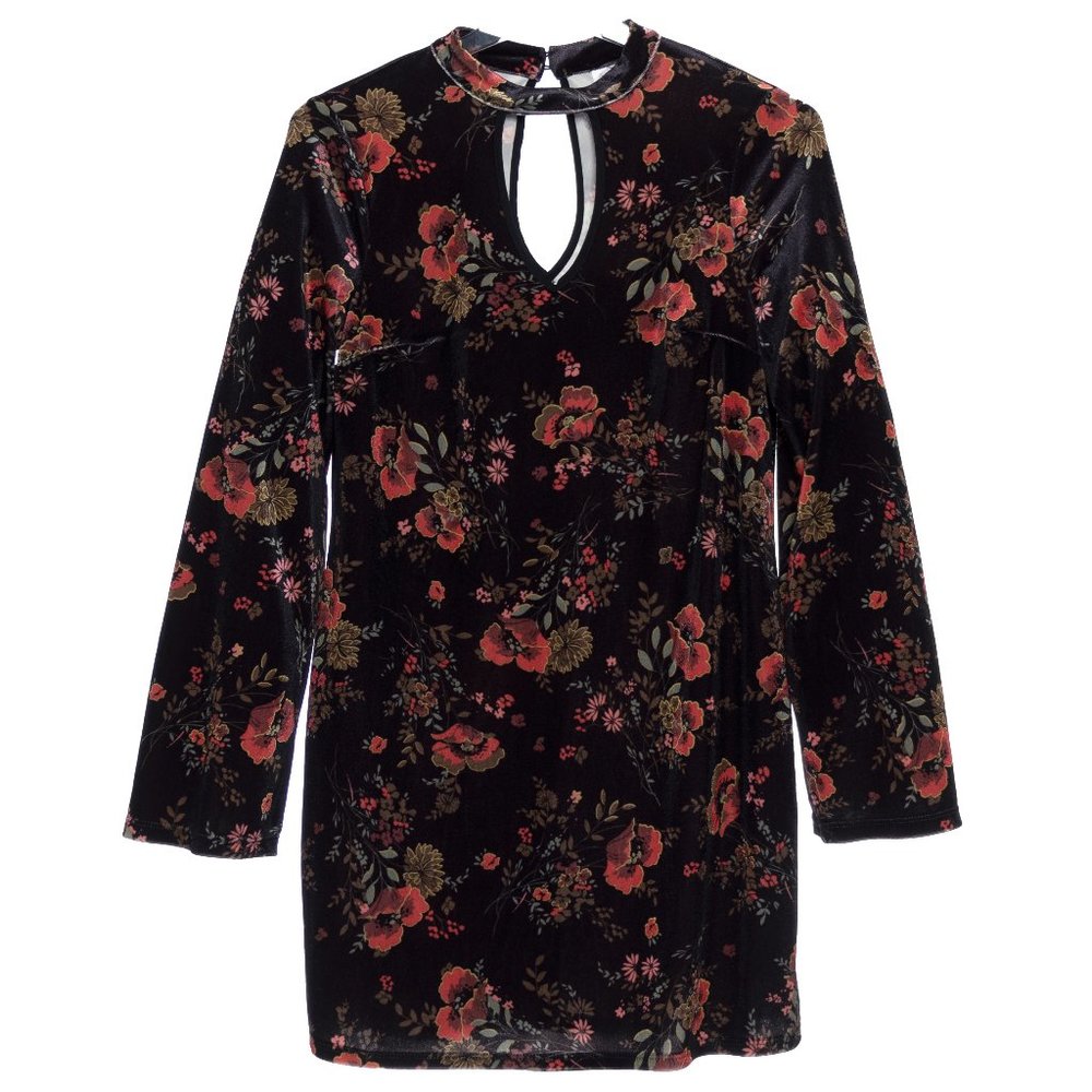 Xhilaration Black Multicolor Floral Velvet Keyhole Bell Sleeve Dress Size Medium
